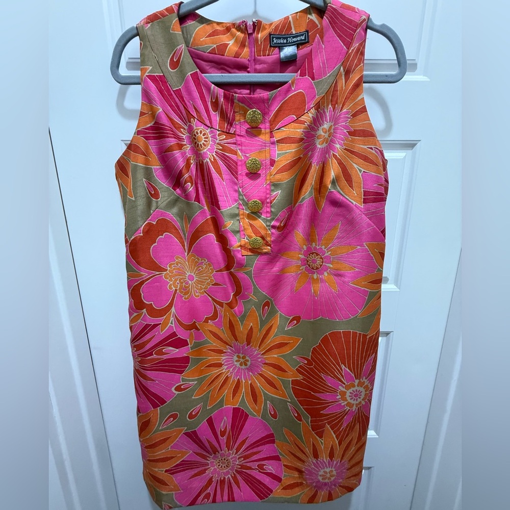 Jessica Howard Pink Orange Floral Sleeveless Shift Dress